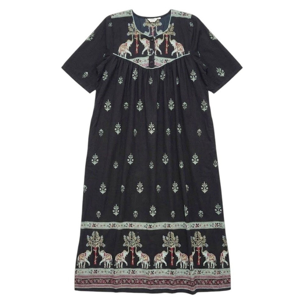 Black Elephant Print Cotton Maxi Lounger House Dress 1X Vintage